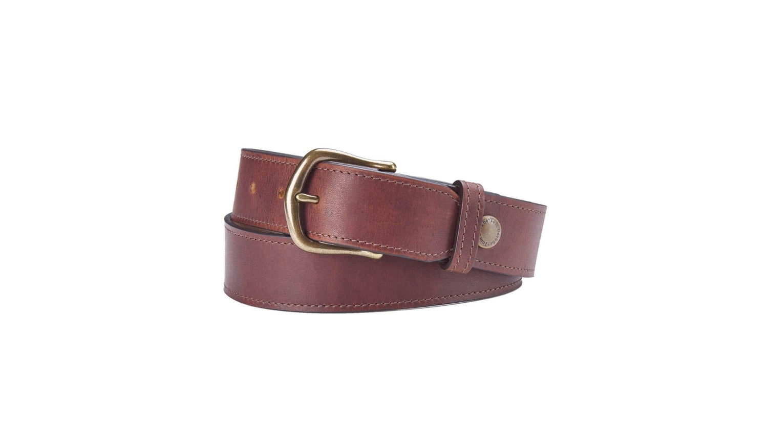 Tom Beckbe men's leather belt in oak with antique brass hardware.