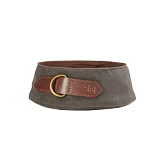 A brown pet collar with a brass buckle and leather accents, laid flat.
