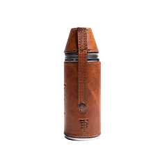 Brown leather-covered cylindrical container with a strap, featuring a logo on the front.