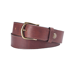 Brown leather belt with a brass buckle and a single metal rivet on the strap, coiled neatly on a white background.