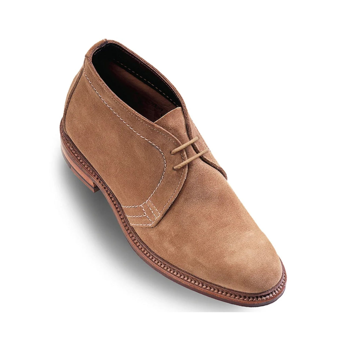 Tom Beckbe Alden #1494 Unlined Chukka Boot: men’s tan suede, brown stitching, two eyelets, leather sole.
