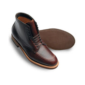 Tom Beckbe Alden #403 Indy Boot in dark brown Chromexcel leather, one upright, one showing sole and stitching.