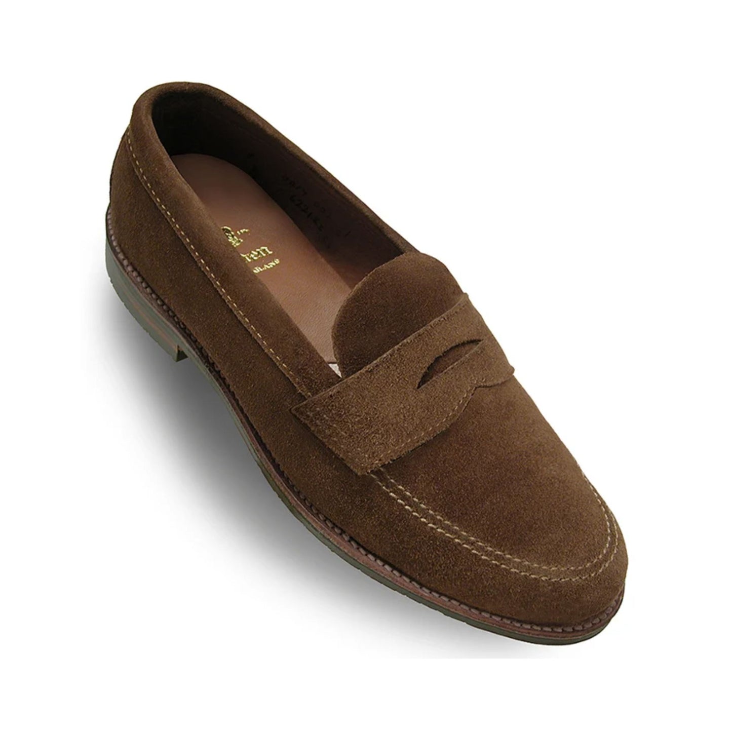 Tom Beckbe Alden #6221L unlined snuff suede men’s penny loafer with visible stitching, shown on white background.