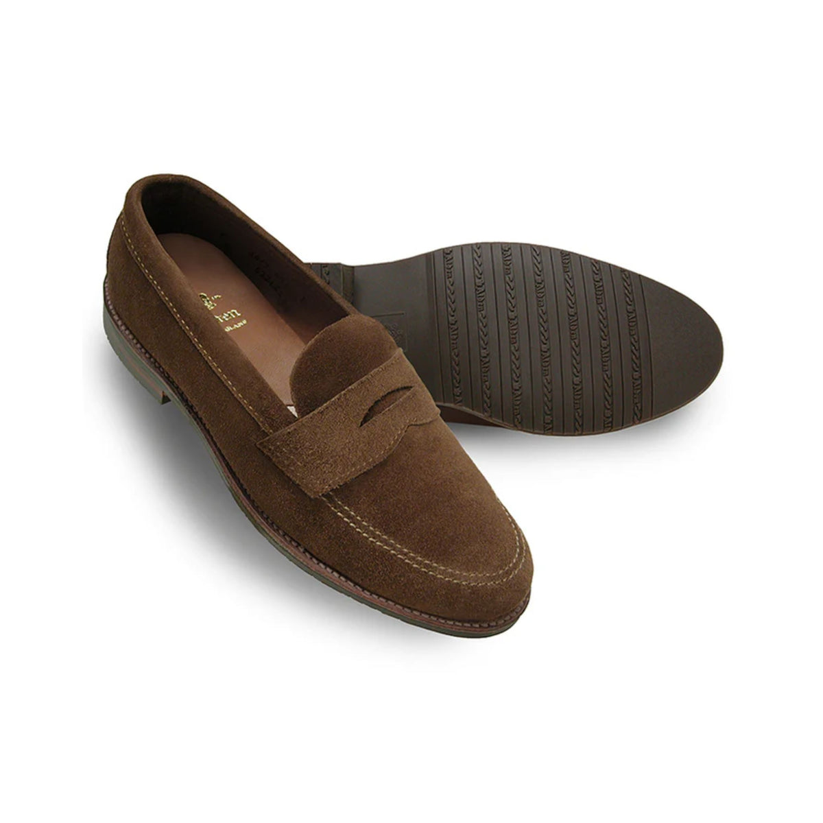 Tom Beckbe Alden #6221L Unlined Leisure Penny Loafer in snuff suede, side and sole views on white background.