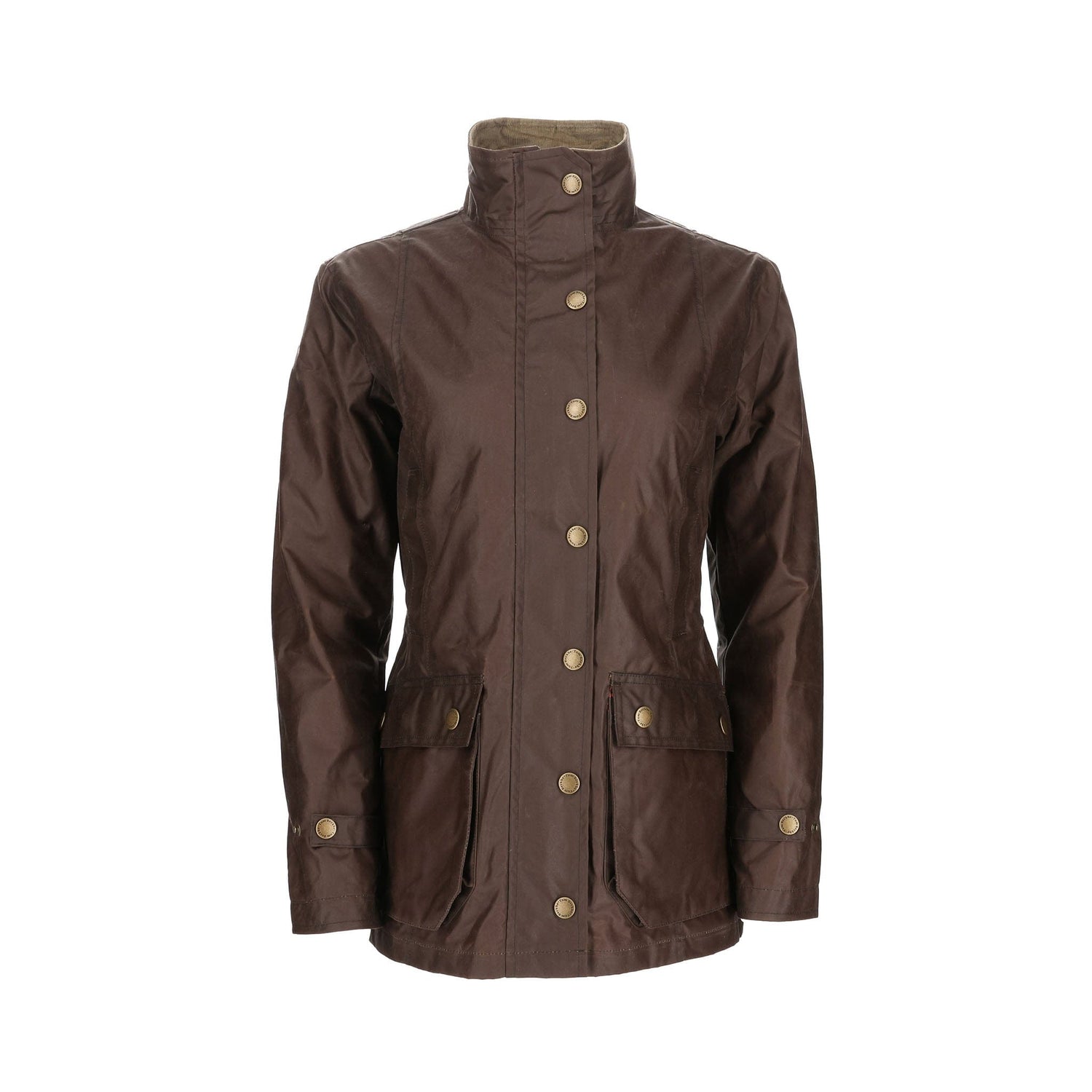 Brown button-up jacket with high collar and front pockets, displayed against a white background.