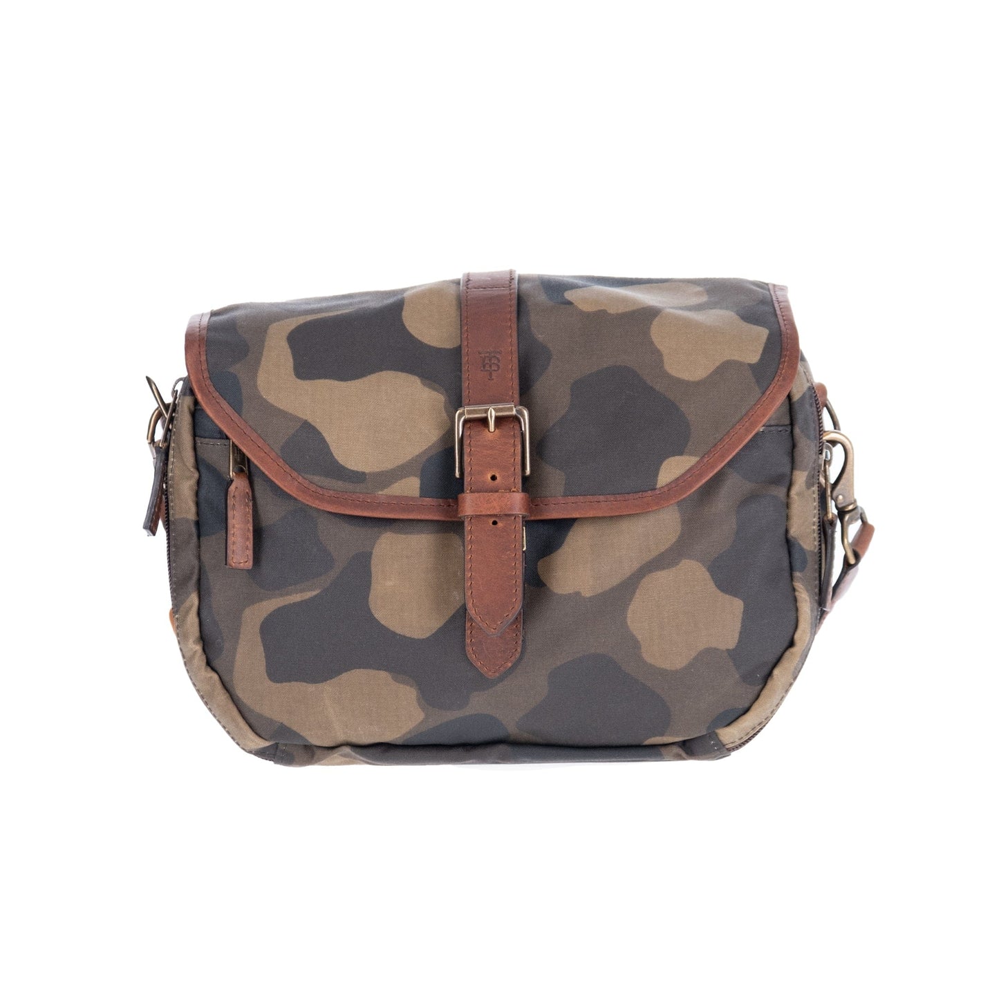 Tom Beckbes Classic Camo Blind Bag features double-shell pockets, a buckle flap, and leather accents.