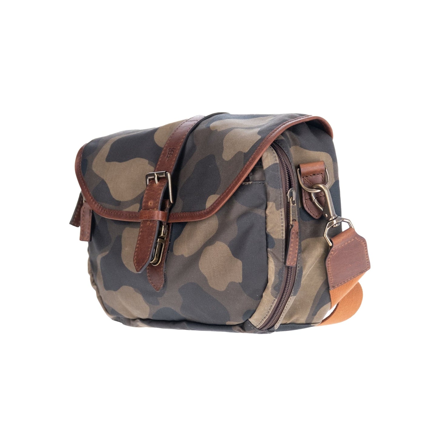 The Tom Beckbe Classic Camo Blind Bag has brown leather straps, a leather top, and a side zipper pocket.
