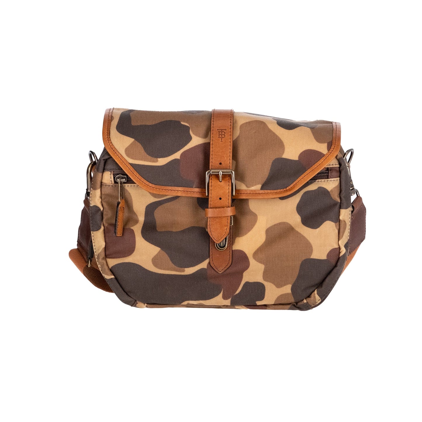 Tom Beckbes Classic Camo Blind Bag: Camouflage messenger bag features leather top opening, buckle, and adjustable strap.