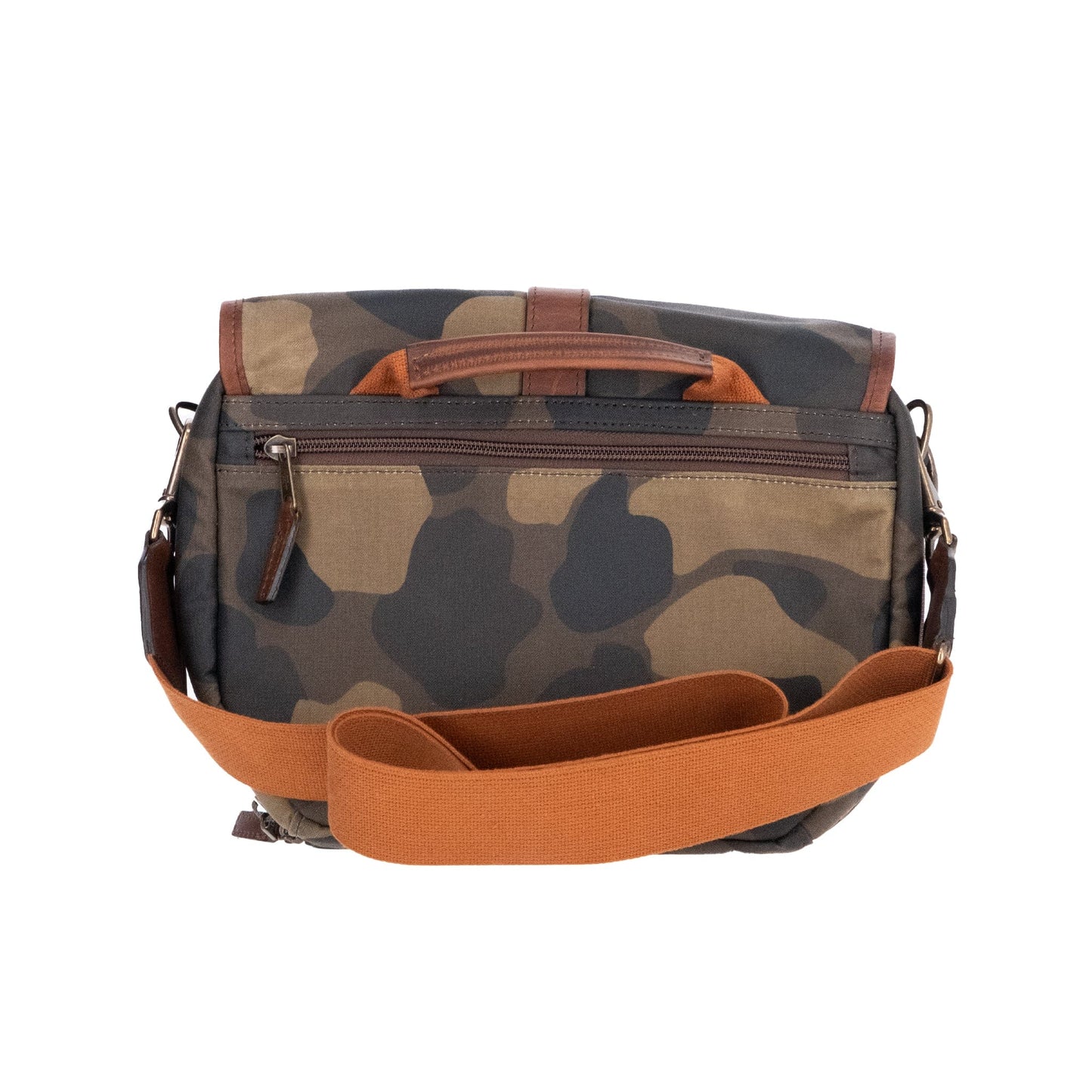 Tom Beckbes Classic Camo Blind Bag: camo design with orange-brown strap, leather top opening, and zippered front pocket.