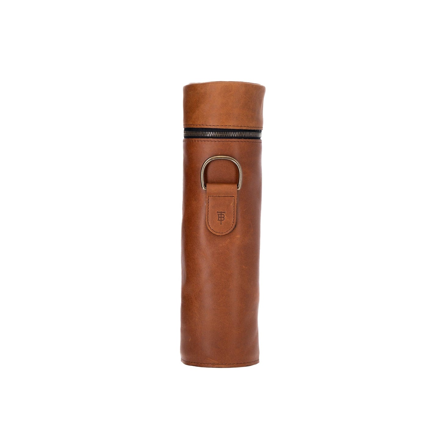Tom Beckbe Leather Bottle Bag: Brown full-grain leather, cylindrical with zipper and front loop handle.