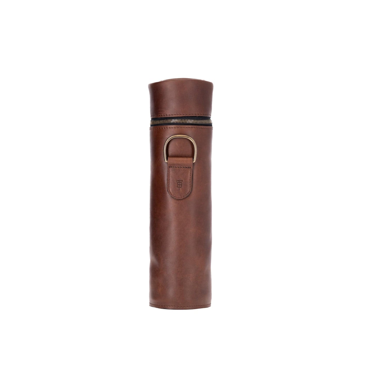 Tom Beckbes Leather Bottle Bag: full-grain leather, cylindrical case with a zipper and front metal D-ring.