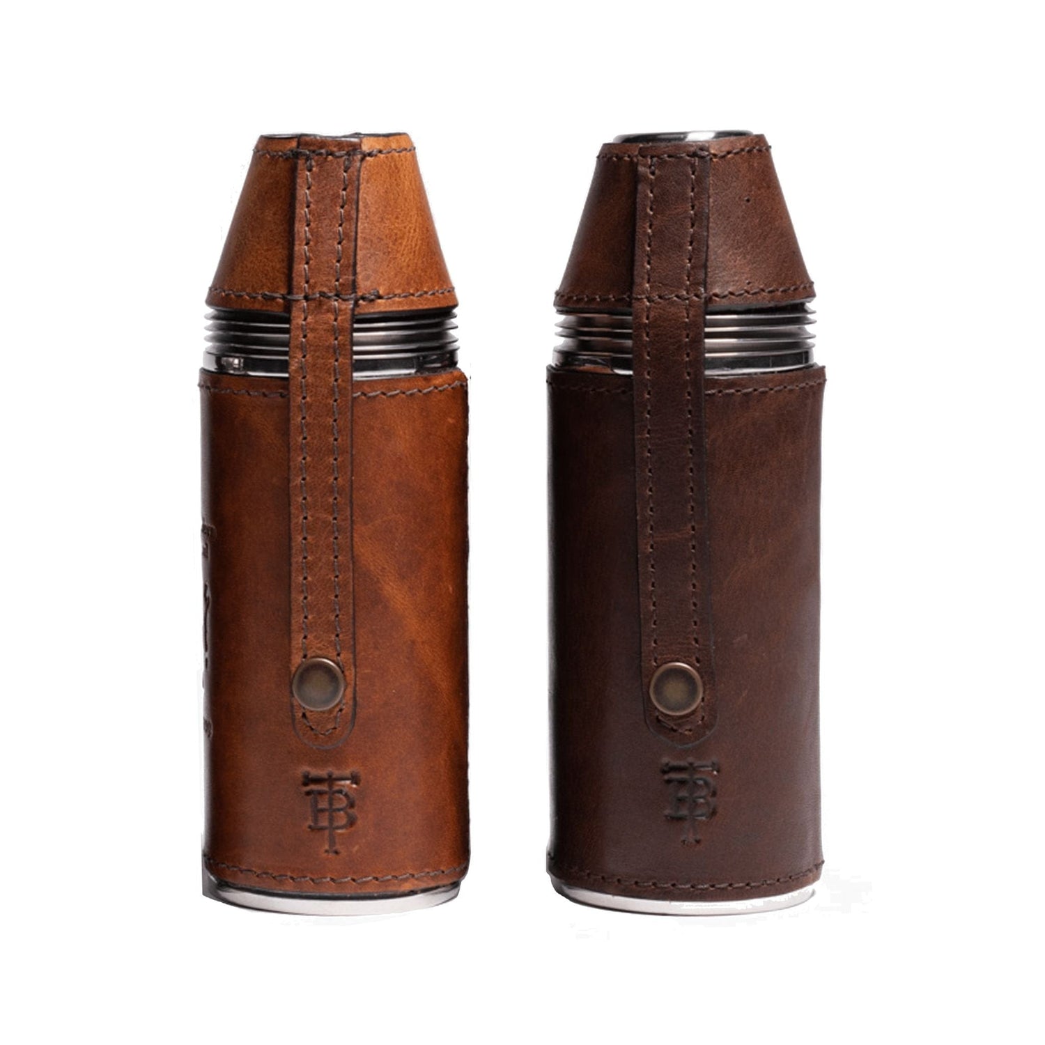 Two 8oz bottle flasks wrapped in full-grain leather each with snap lids securing four cups.