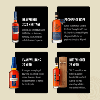 Four bourbon bottles with descriptions: Heaven Hill 2024 Heritage, Promise of Hope, Evan Williams 23 Year, and Rittenhouse 25 Year.