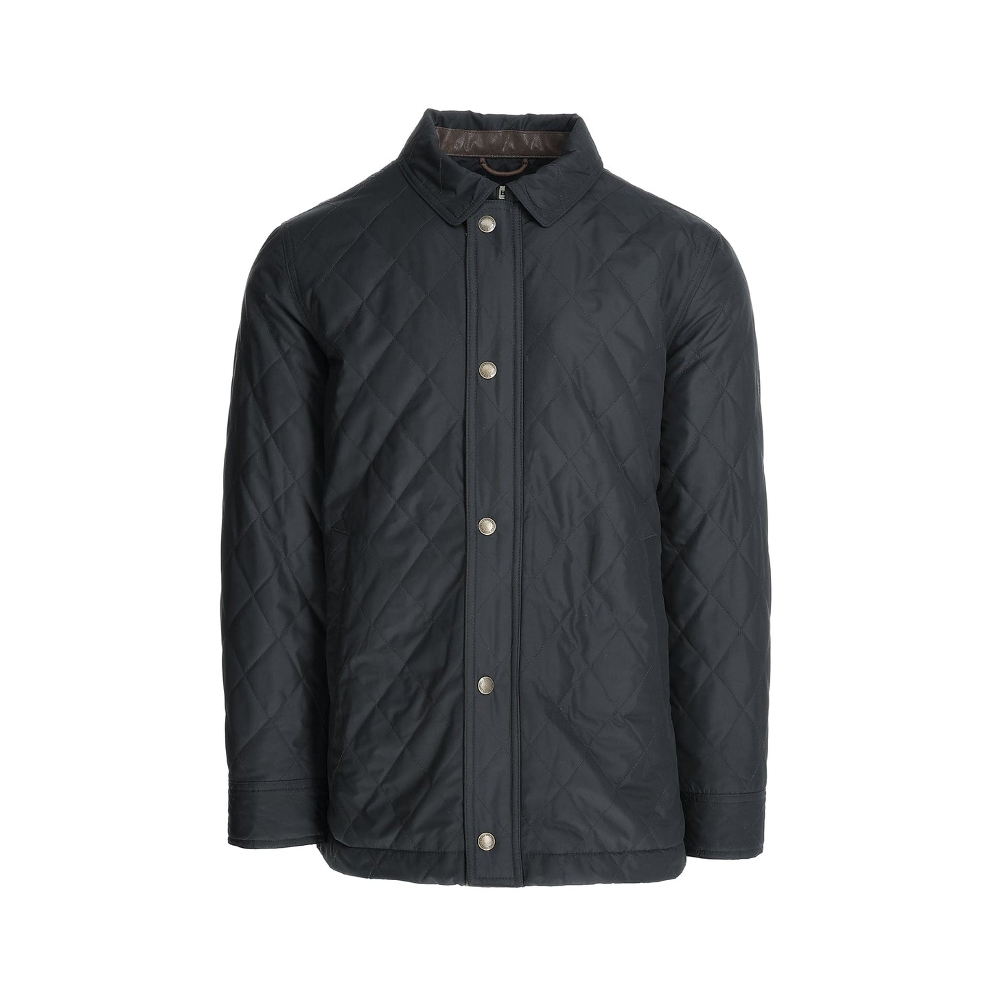 Tom Beckbes Braddock Quilted Jacket is dark green with synthetic insulation, silver buttons, long sleeves, and a folded collar.