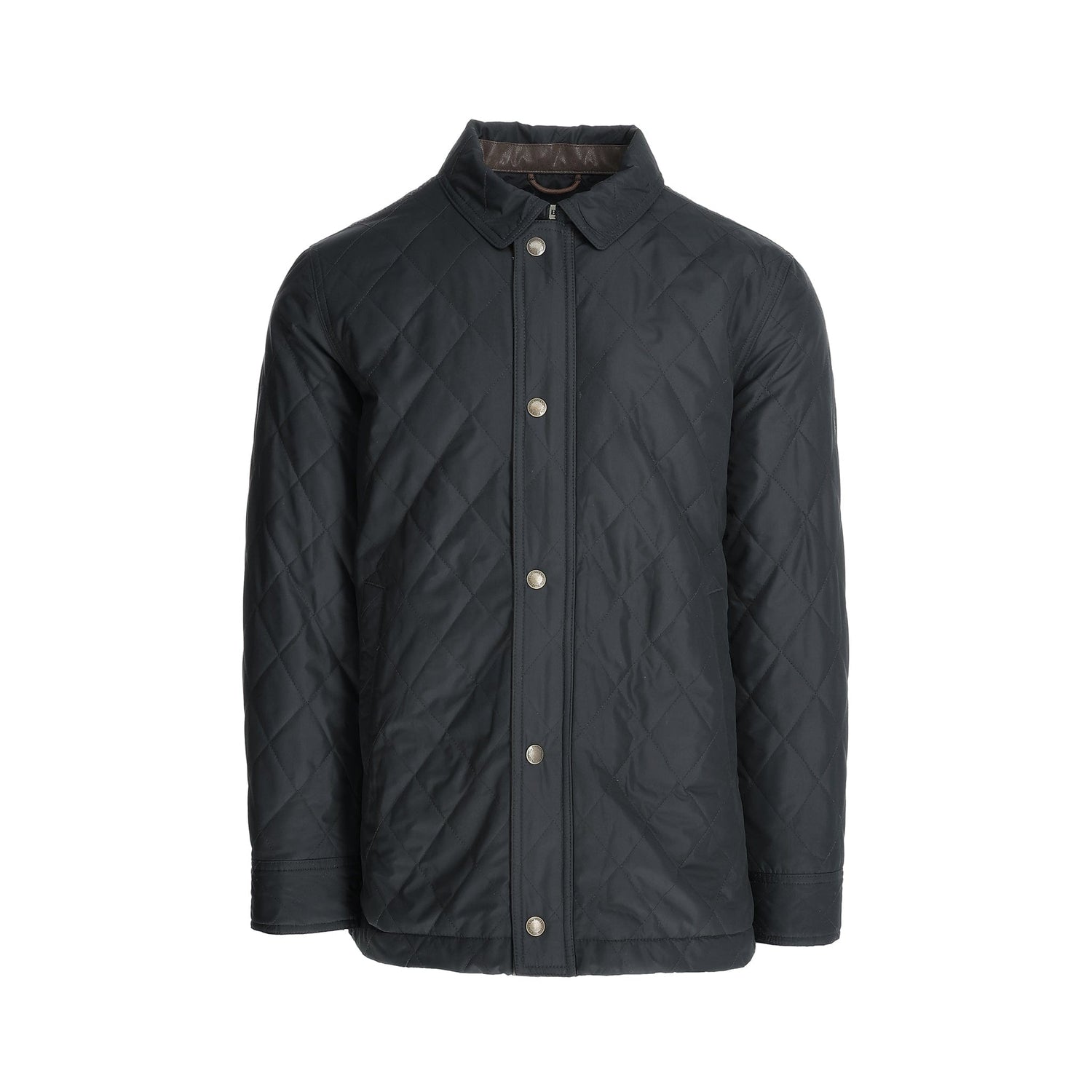 Tom Beckbes Braddock Quilted Jacket is dark green with synthetic insulation, silver buttons, long sleeves, and a folded collar.