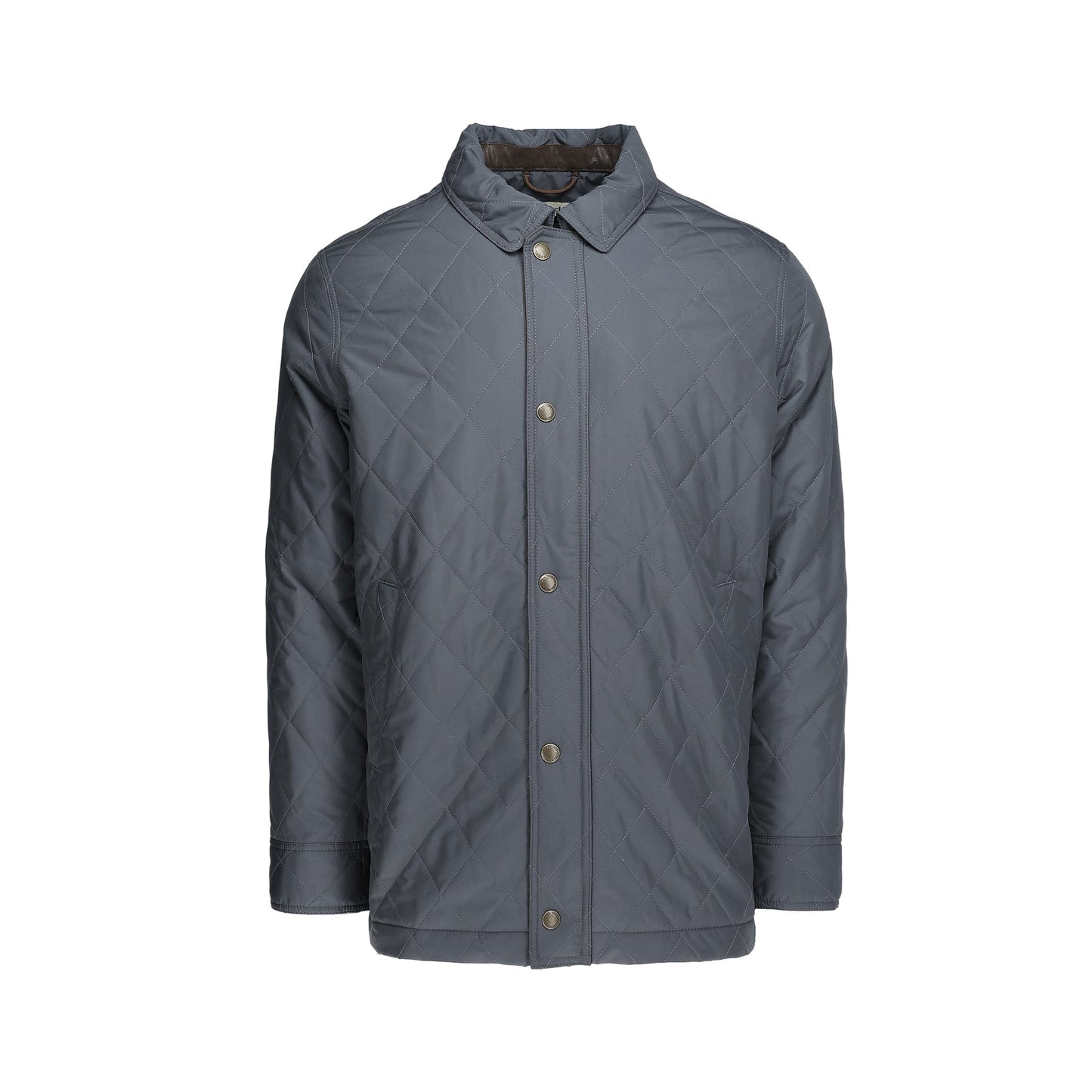 The Braddock Quilted Jacket by Tom Beckbe is dark gray with synthetic insulation, a collared neckline, and button closure.