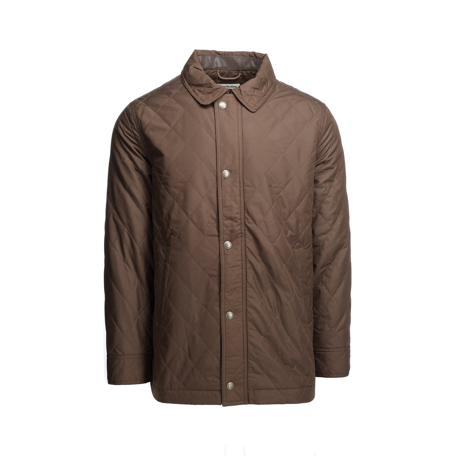 Tom Beckbe men's quilted brown jacket is made from a windproof fabric with front snap closure.