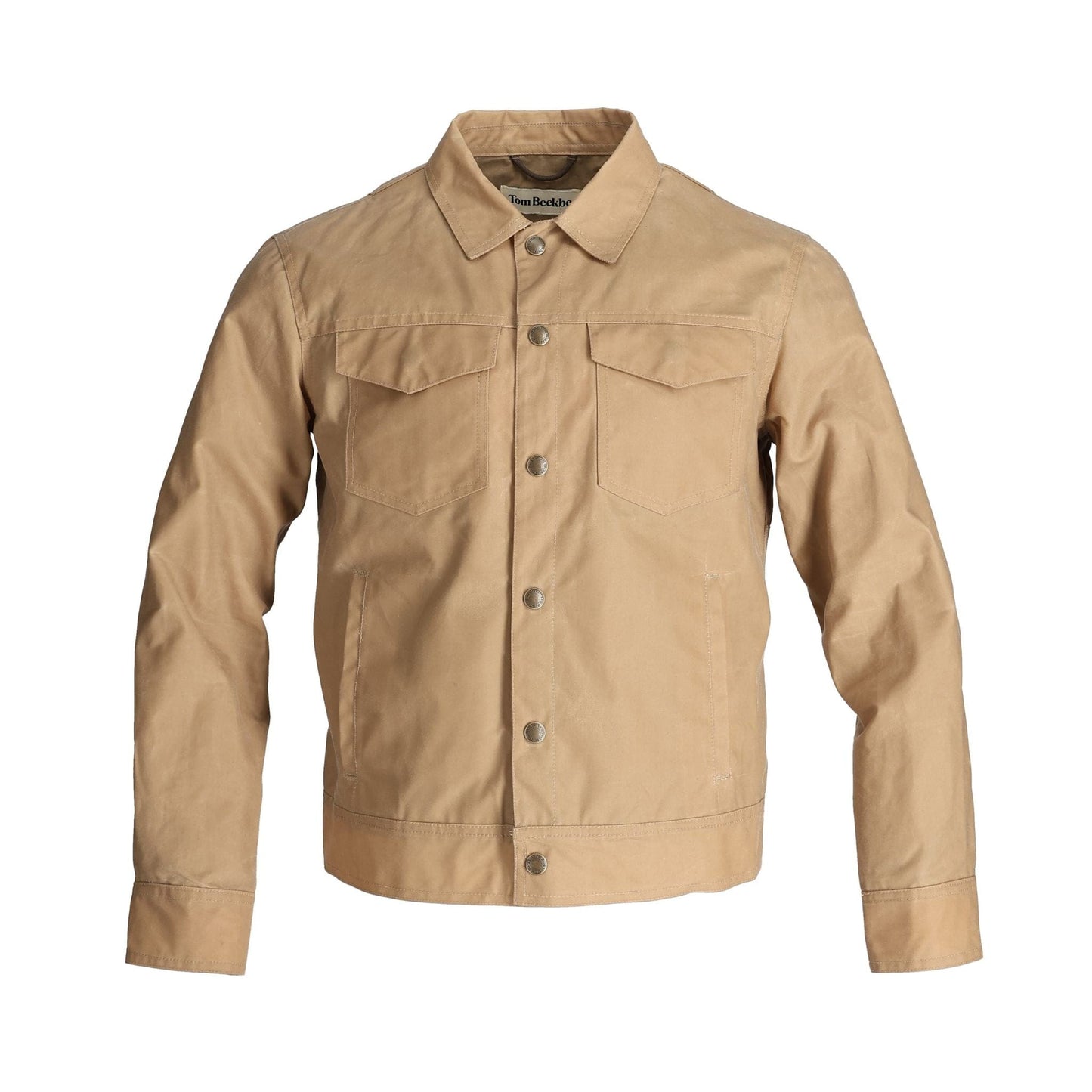 Tan Chatom Jacket by Tom Beckbe: button-up waxed canvas with collar, bi-swing back, and two chest pockets on white.