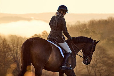 Person wearing a helmet riding a horse in a forested area with a misty sunrise background.