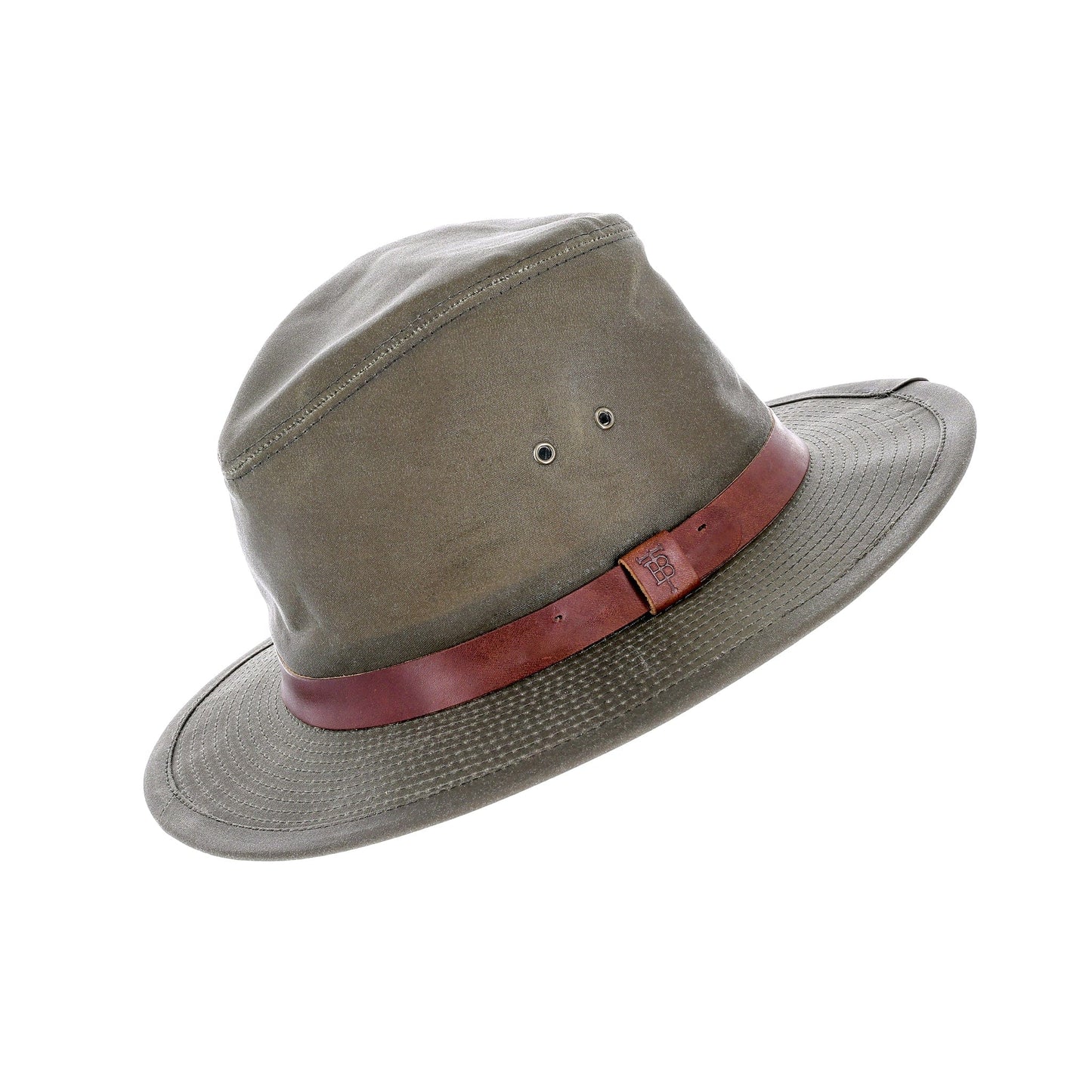 The Tom Beckbe DU Field Hat features olive green fabric, a brown leather band, and vents—ideal for outdoor adventures.