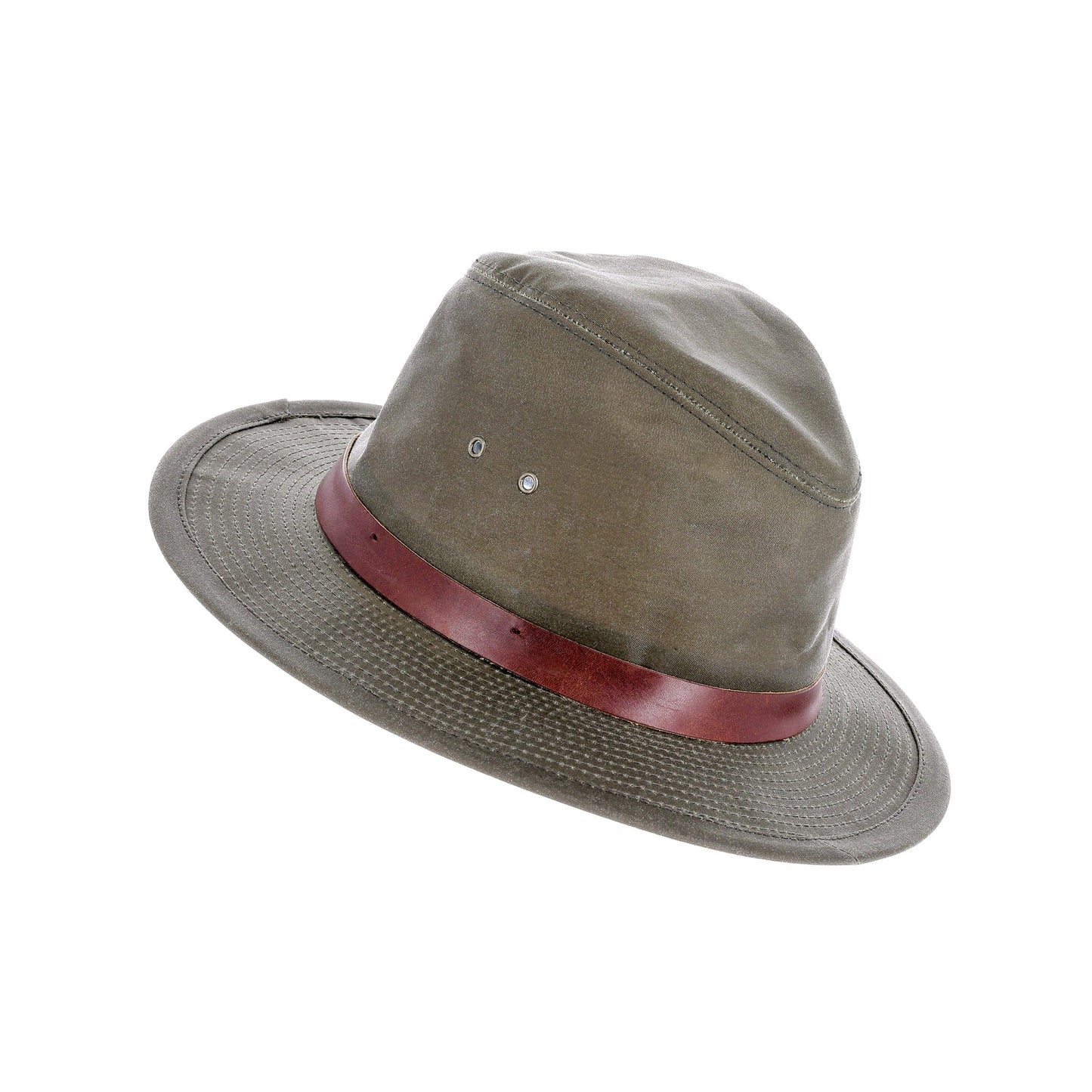 The Tom Beckbe DU Field Hat in Wetlands Green features a wide brim, brown leather band, and side ventilation eyelets.