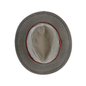 Top view of the Tom Beckbe DU Field Hat: gray waxed canvas, light lining, and brown trim inside.