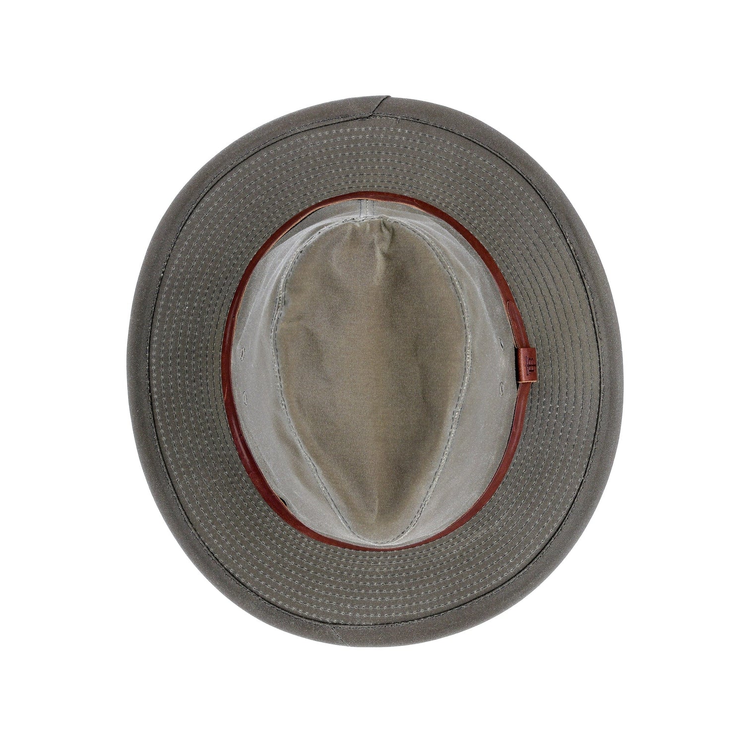 Top view of the Tom Beckbe DU Field Hat: gray waxed canvas, light lining, and brown trim inside.