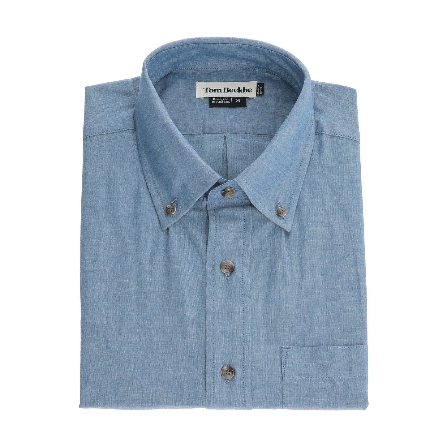 Light blue Tom Beckbe Hanover Chambray Shirt, button-down, neatly folded with label visible inside collar.