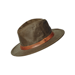 Brown wide-brimmed hat with a leather band, featuring two ventilation holes on the sides.