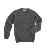 The Tom Beckbe Albemarle Henley Sweater in gray wool with three collar buttons, shown flat on a white background.