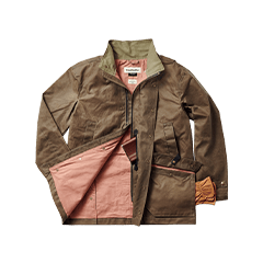Olive green jacket with a salmon pink lining, a folded collar, zippered front, and two front pockets on a plain background.