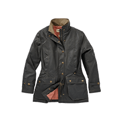Dark green waxed jacket with brown collar, button closures, front pockets, and a red-brown interior lining displayed flat.