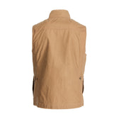 Back view of the tan Tom Beckbe Kinsman Vest with high collar, side adjusters, on a white background.