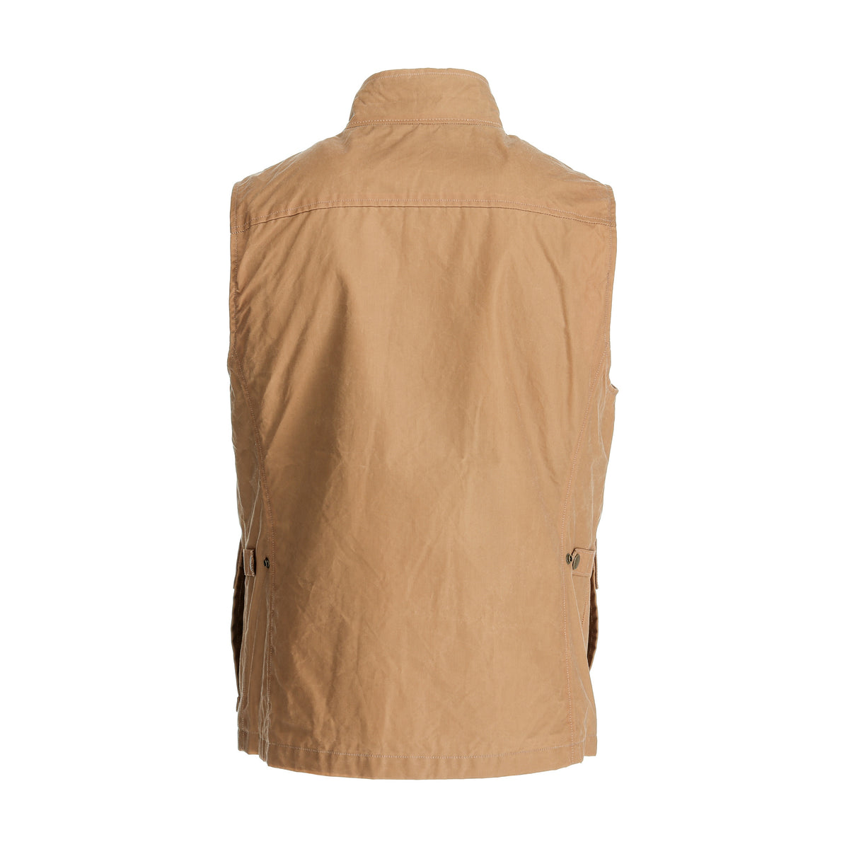 Back view of the tan Tom Beckbe Kinsman Vest with high collar, side adjusters, on a white background.