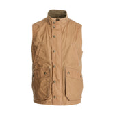 Tom Beckbe Kinsman Vest: tan waxed canvas, sleeveless, snap buttons, two front pockets, on white background.