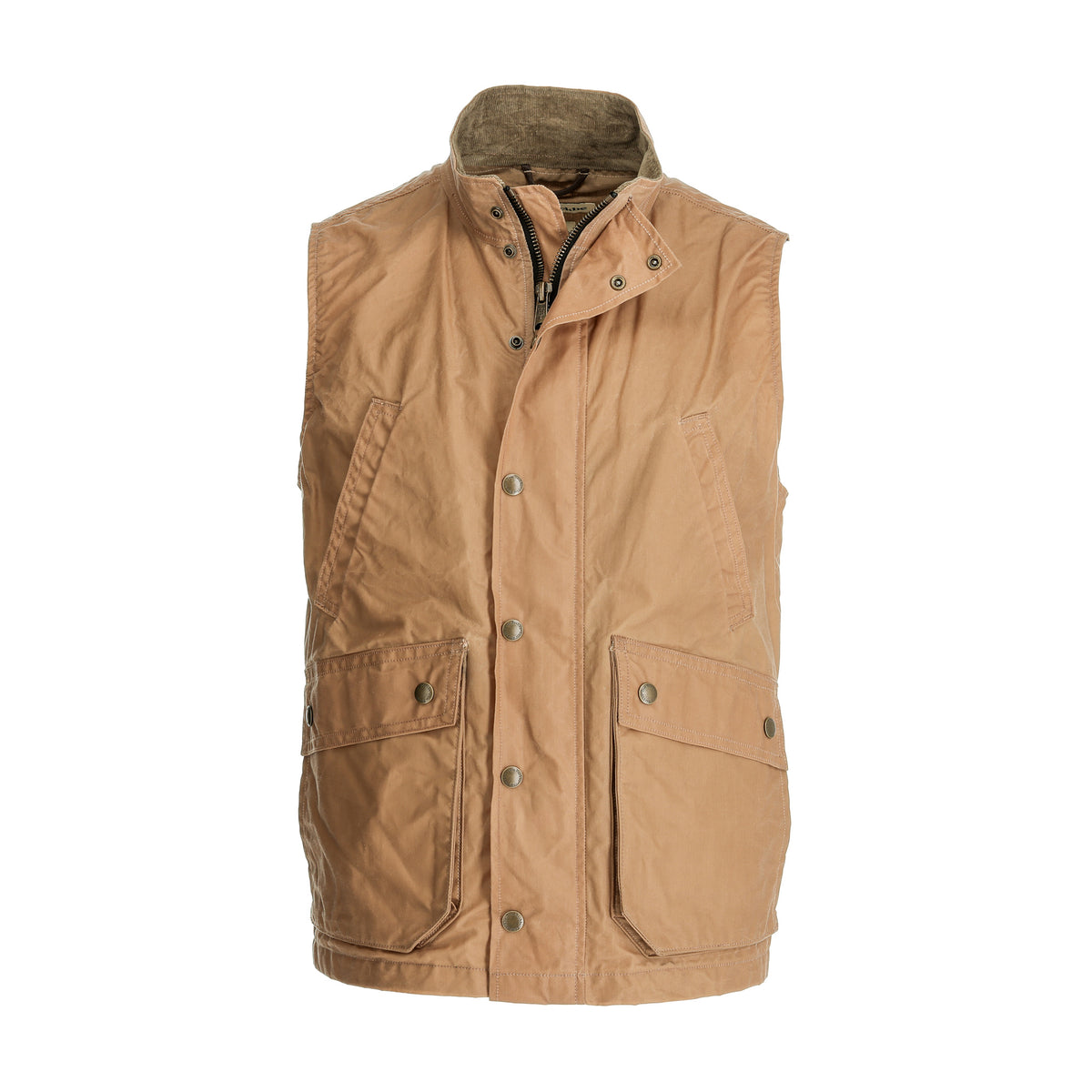 Tom Beckbe Kinsman Vest in Wheat with snap buttons, two front pockets, and high collar on white background.