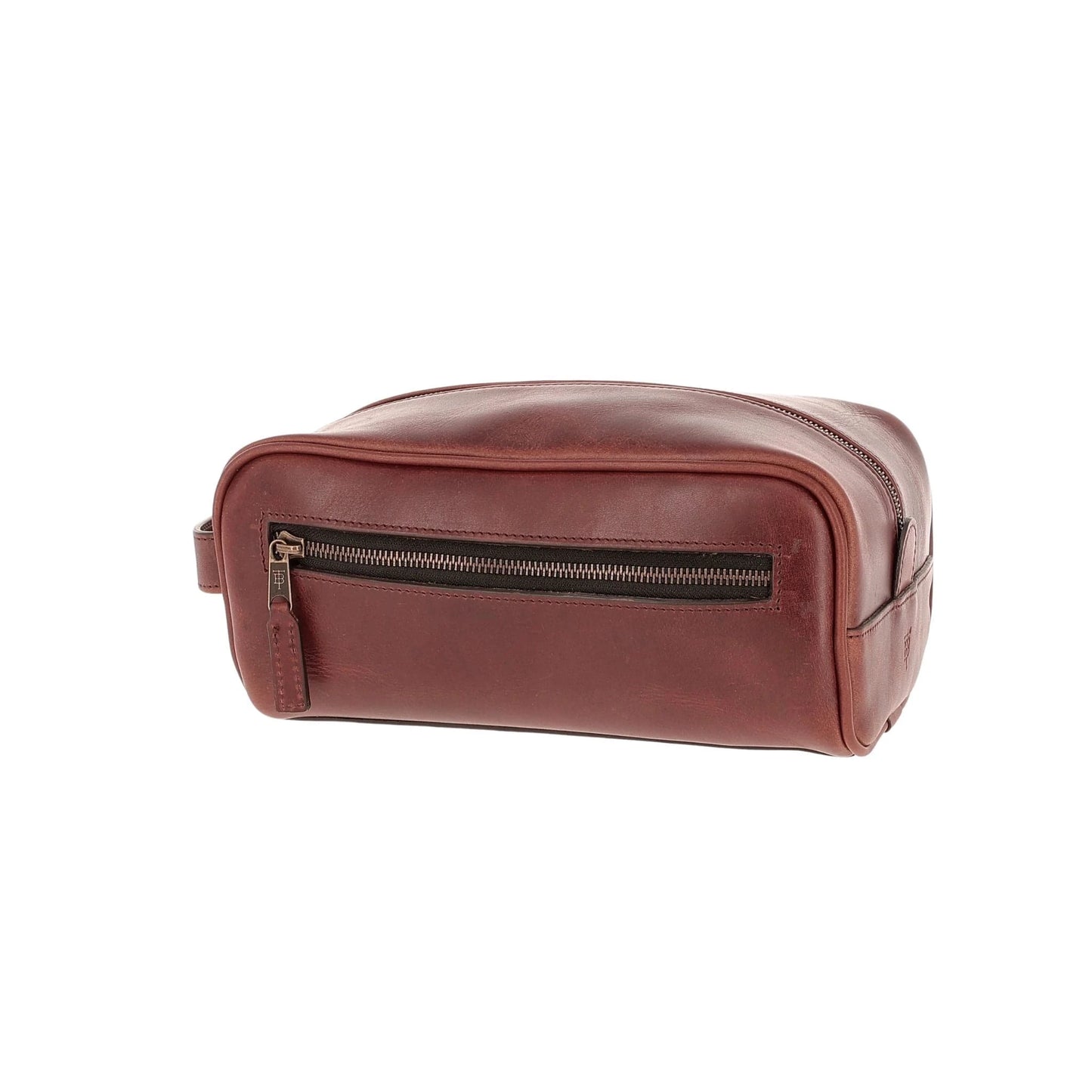 Tom Beckbe Leather Dopp Kit: Full-grain leather mens bag with front zipper pocket and side handle.