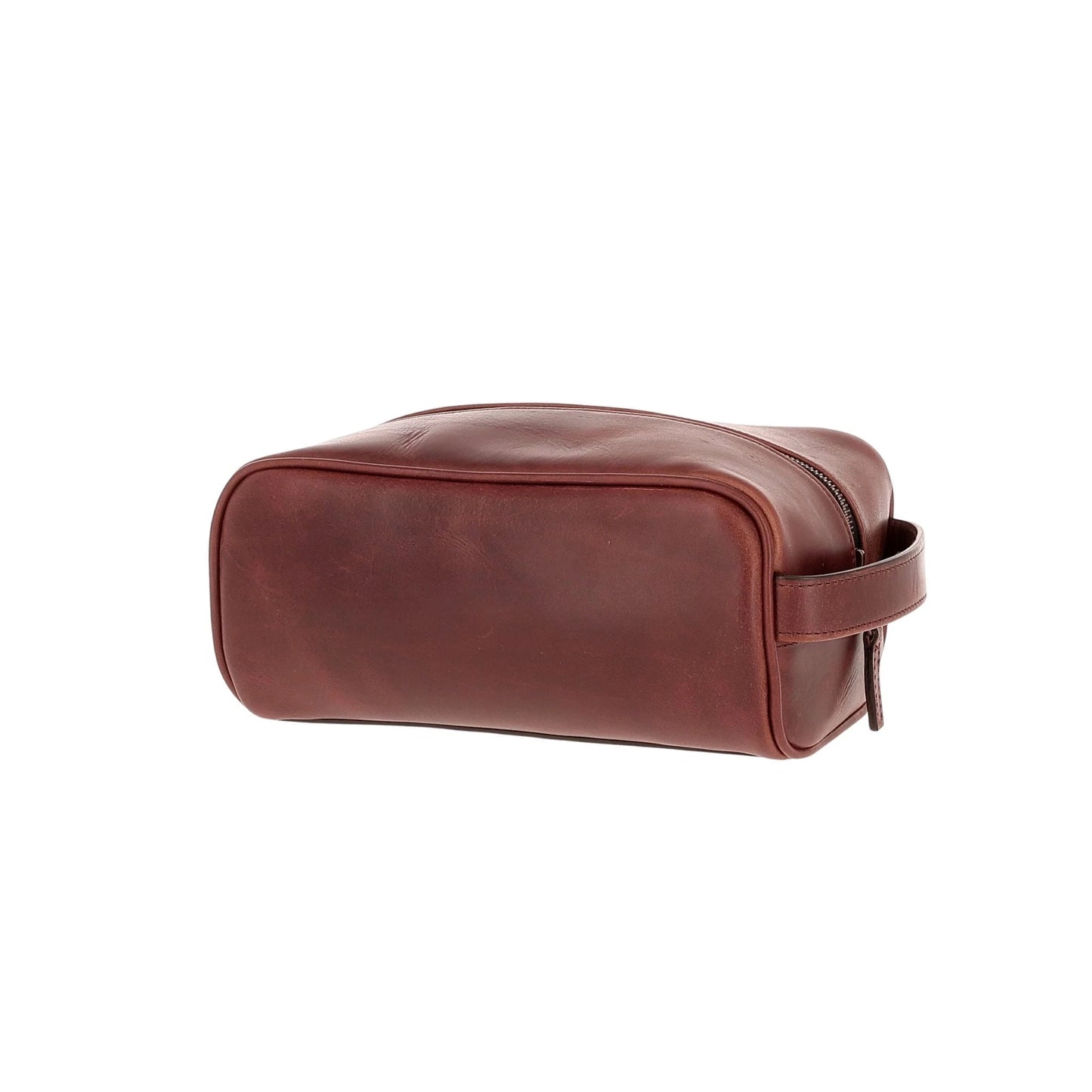 The Tom Beckbe Leather Dopp Kit, crafted from full-grain leather with a zipper and side handle, on a white background.