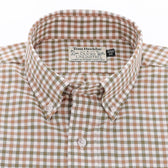 A brown and white plaid Knapp Cotton Twill Shirt by Tom Beckbe with a visible collar label.