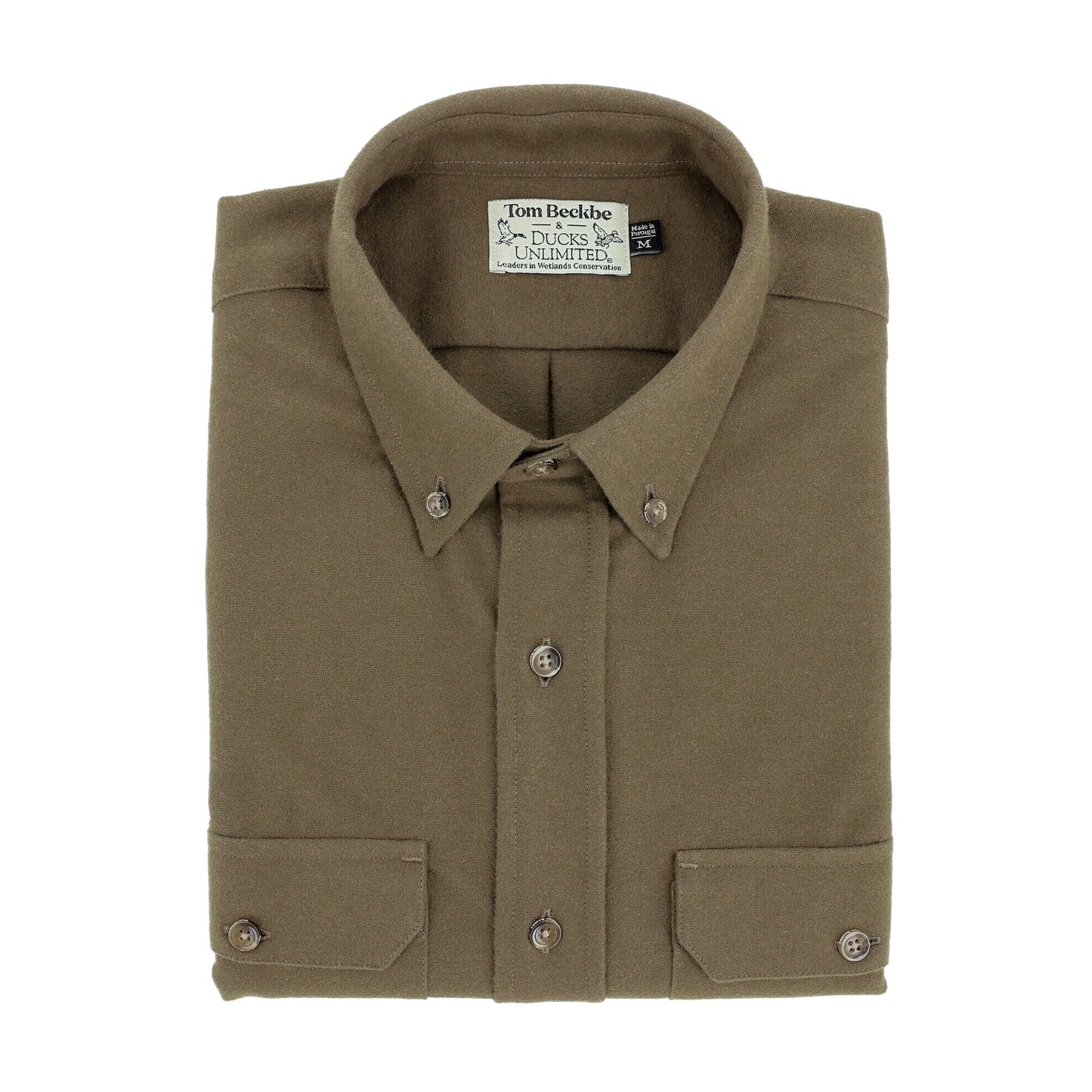 A folded Tom Beckbe Hartwell Moleskin Shirt in Olive, a men’s long-sleeve outdoor shirt with two chest pockets.