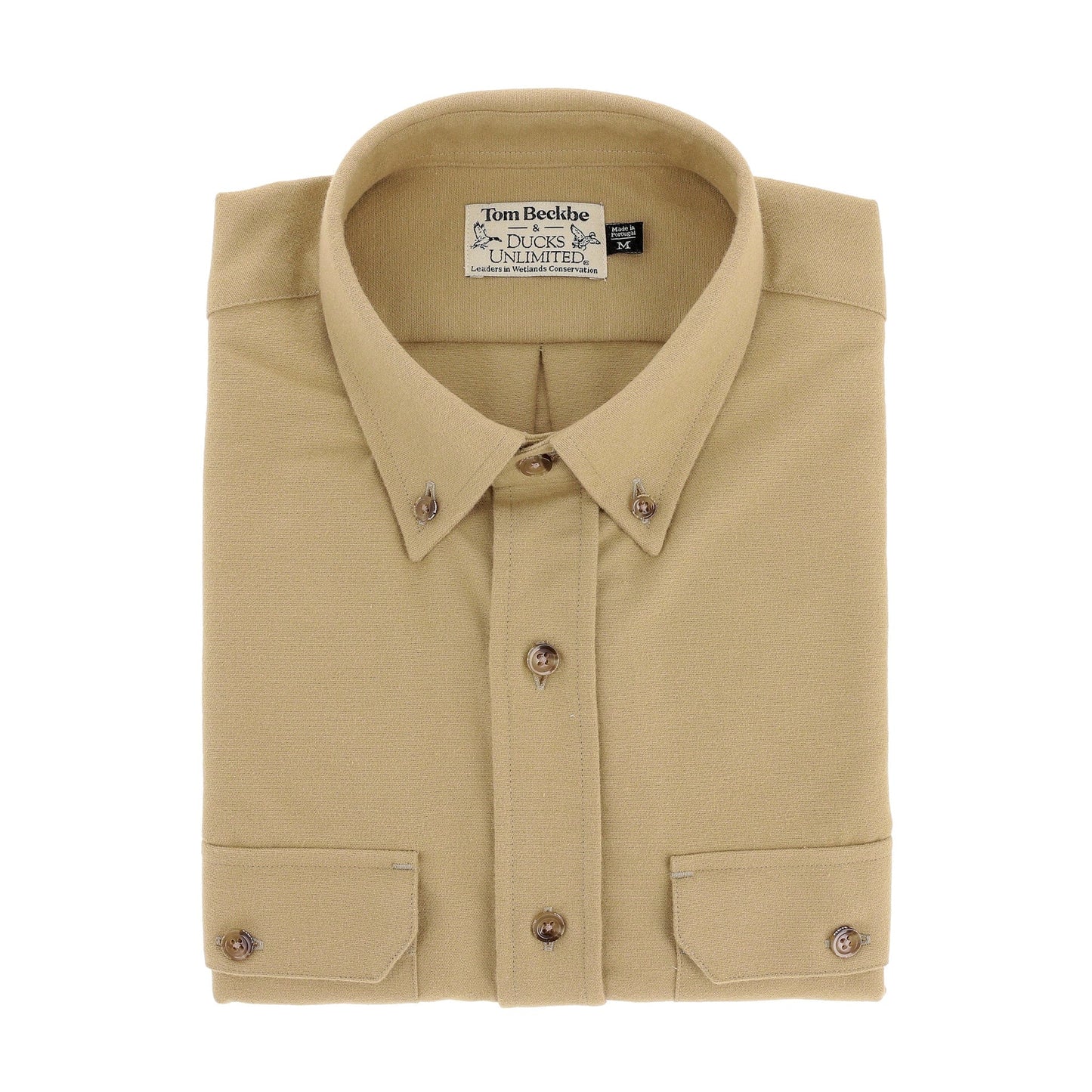 The tan Tom Beckbe Hartwell Moleskin Shirt features two front pockets—ideal waterfowl apparel.