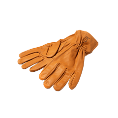 A pair of brown leather gloves laying flat against a white background.