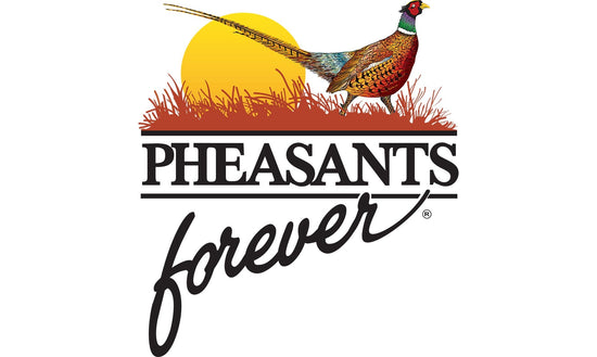 Logo of Pheasants Forever featuring a pheasant, grass, and a yellow circle representing the sun.