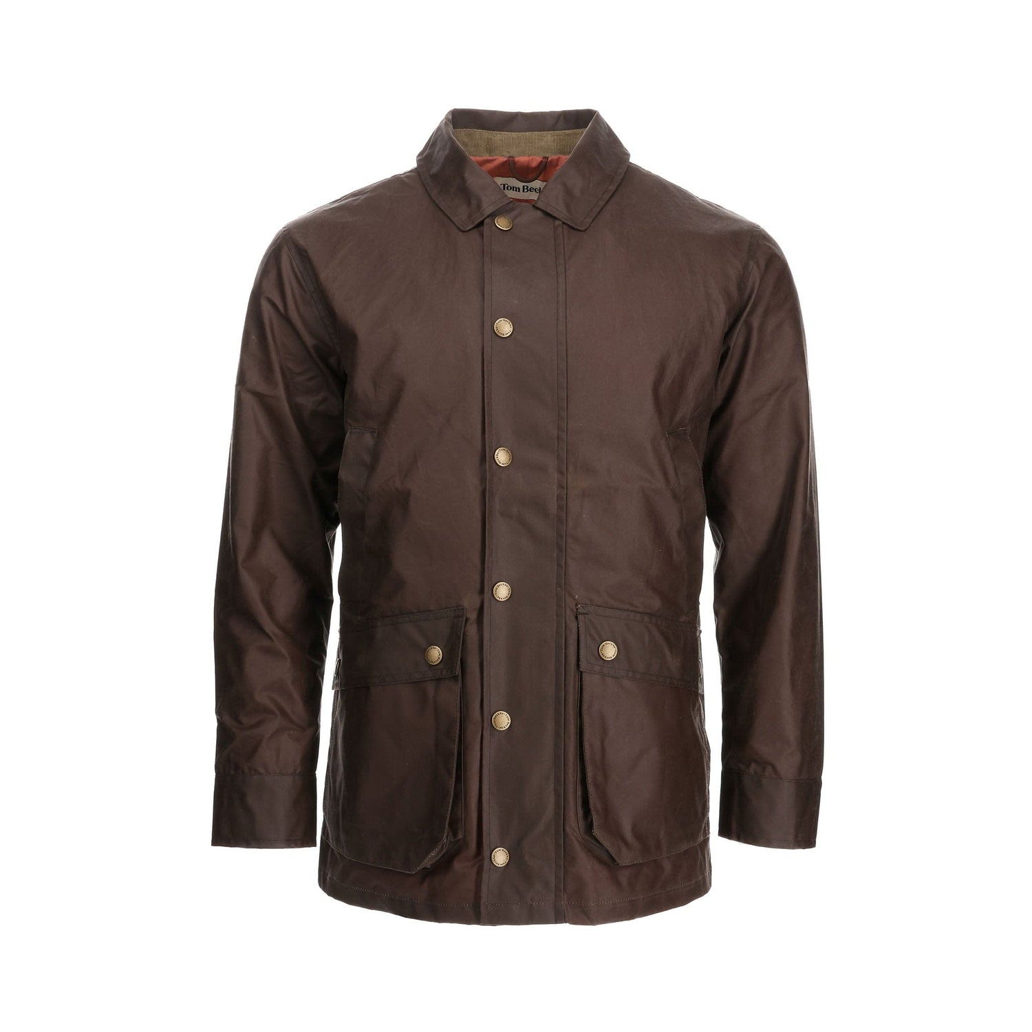 Dark brown waxed jacket with a button-up front and two flap pockets, isolated on a white background.