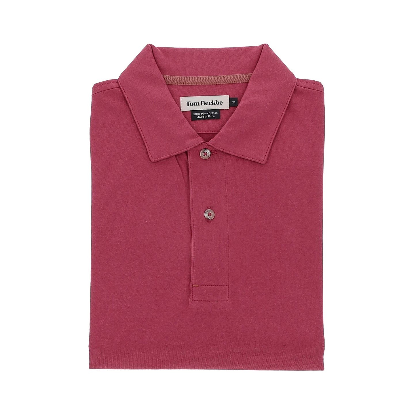 A folded maroon Benton Polo Shirt by Tom Beckbe, Pima cotton with a collar, two buttons, and brand label visible.