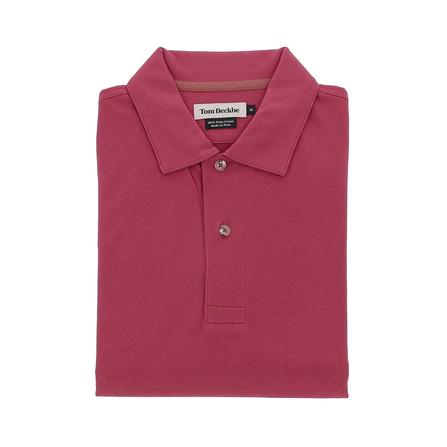 A folded maroon Benton Polo Shirt by Tom Beckbe, Pima cotton with a collar, two buttons, and brand label visible.