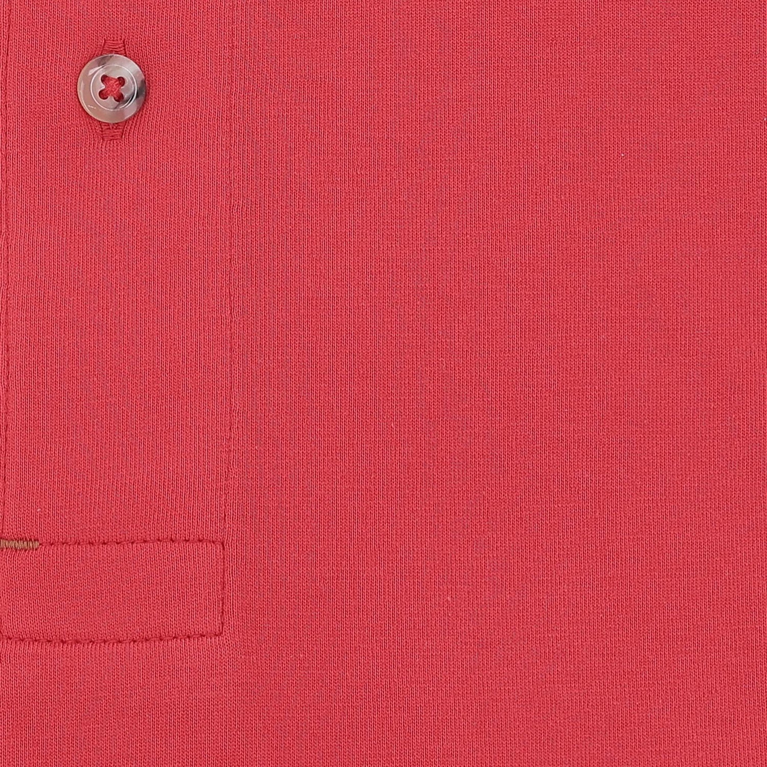Close-up of the Tom Beckbe Benton Polo Shirt, highlighting its classic fit, red Pima cotton fabric, and button details.
