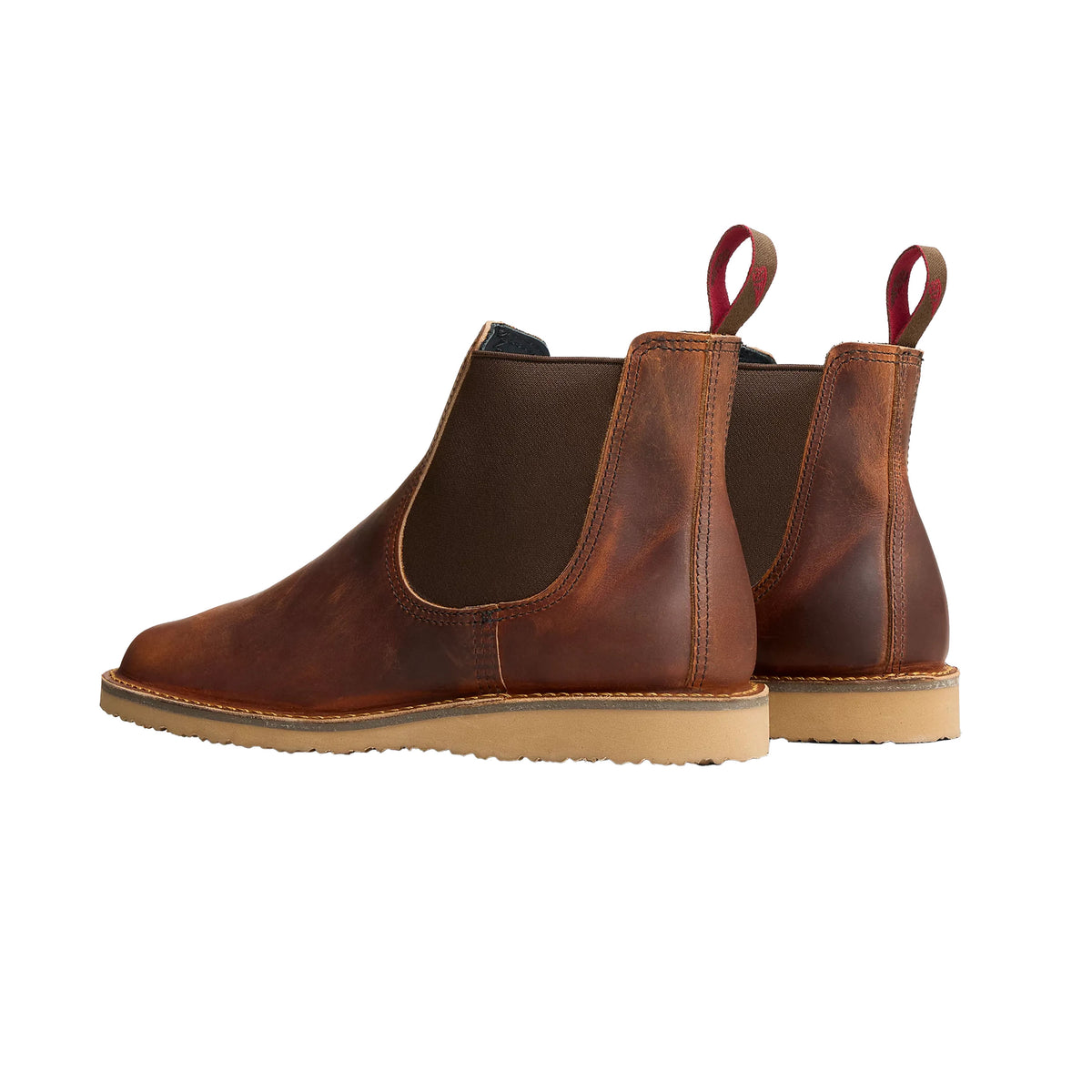 Tom Beckbe Red Wing Weekender Chelsea Boot: brown leather, dark elastic, tan sole, classic American design.