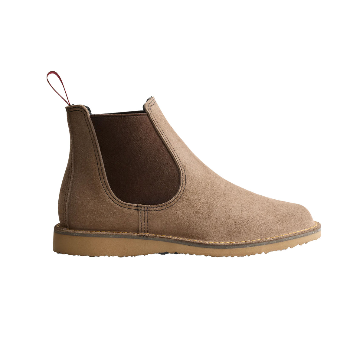 Tom Beckbe Red Wing Weekender Chelsea Boot: tan suede, brown elastic panels, rubber sole, crafted for quality.
