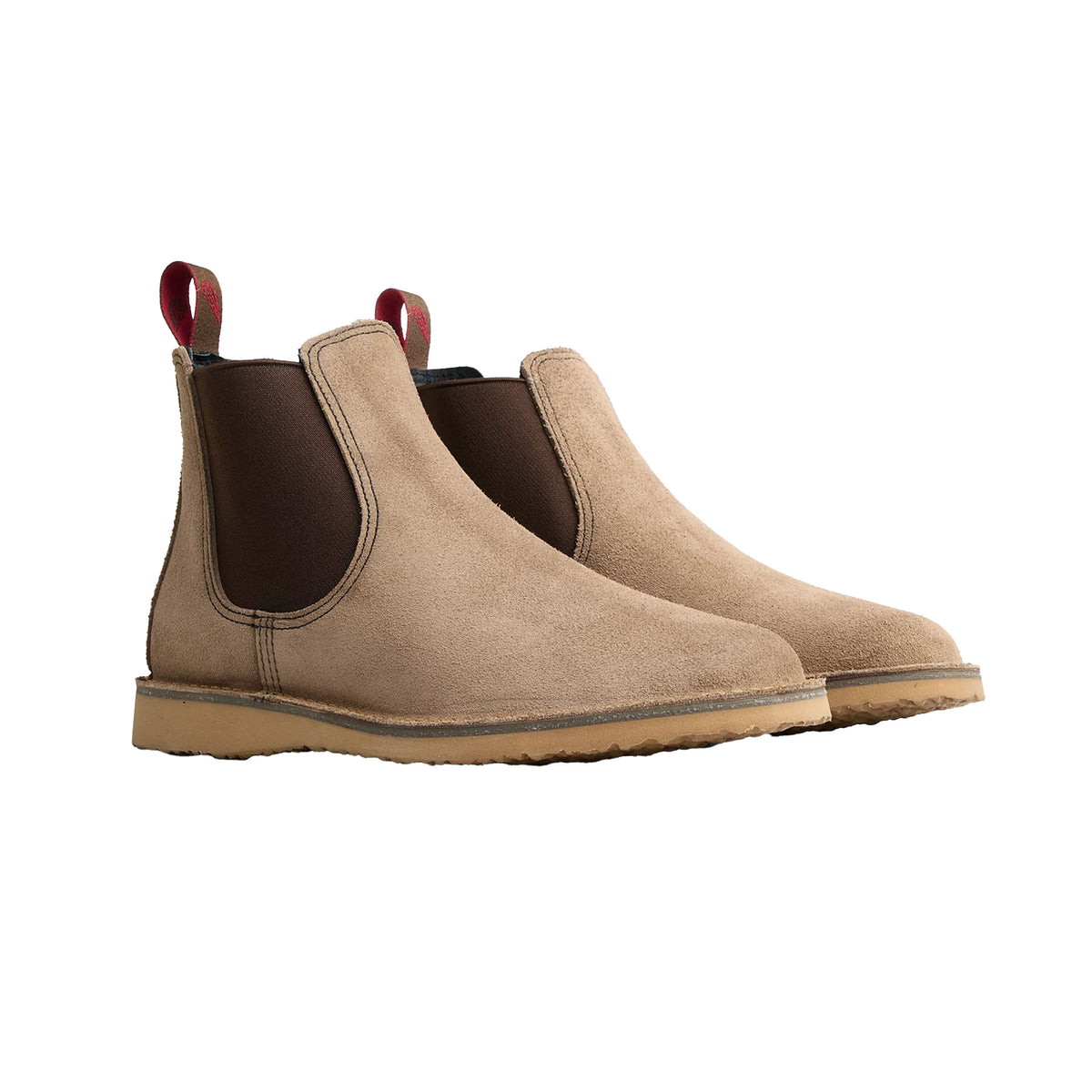 The Tom Beckbe Red Wing Weekender Chelsea Boot in Sandstone with brown elastic sides and red pull tabs on white background.